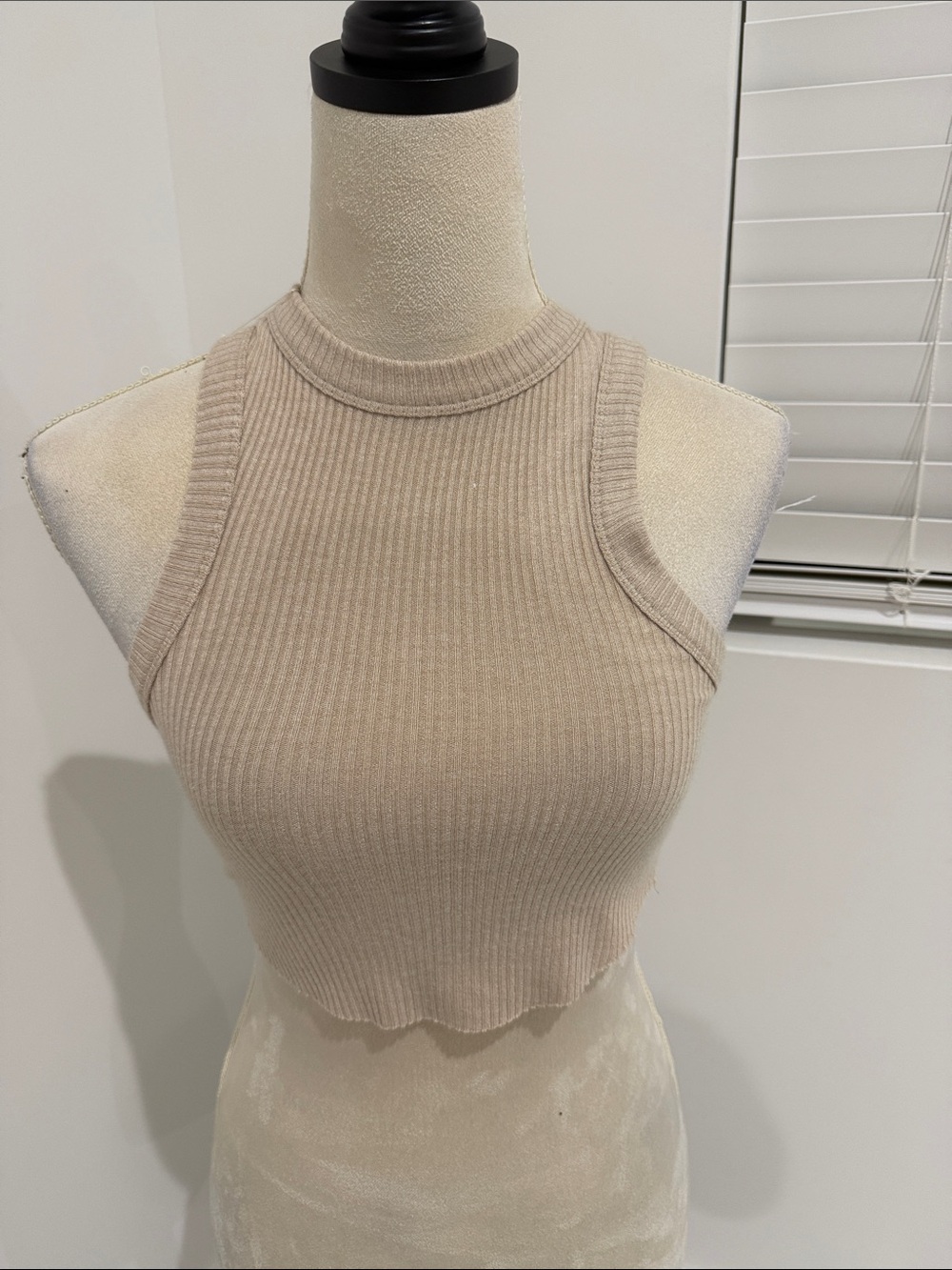 Miss Lola Neutral Ribbed Cropped Tank Top in Beige